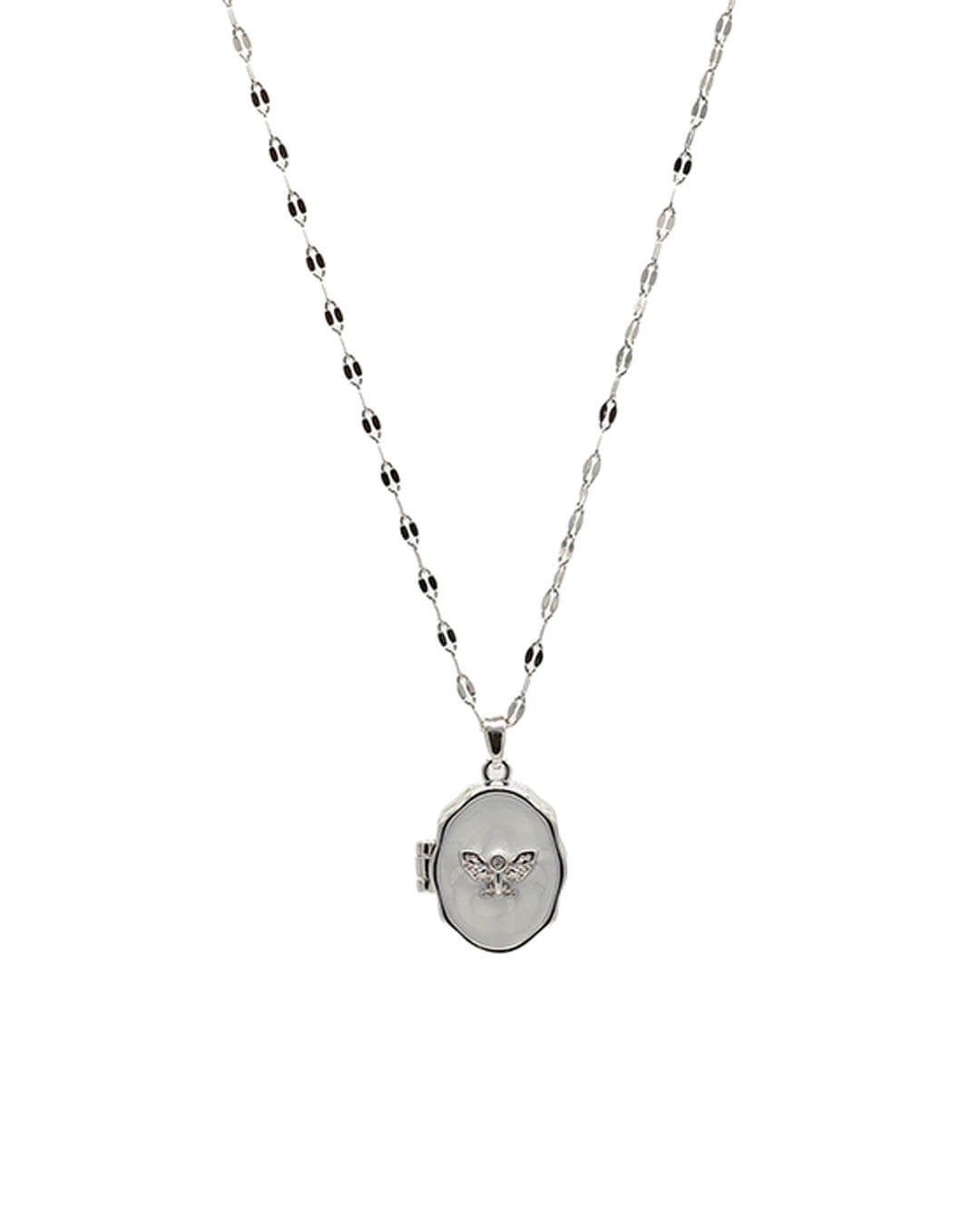 Gümüş Renk Sedefli ve Kelebek Figürlü Açılabilir Madalyon Kolye