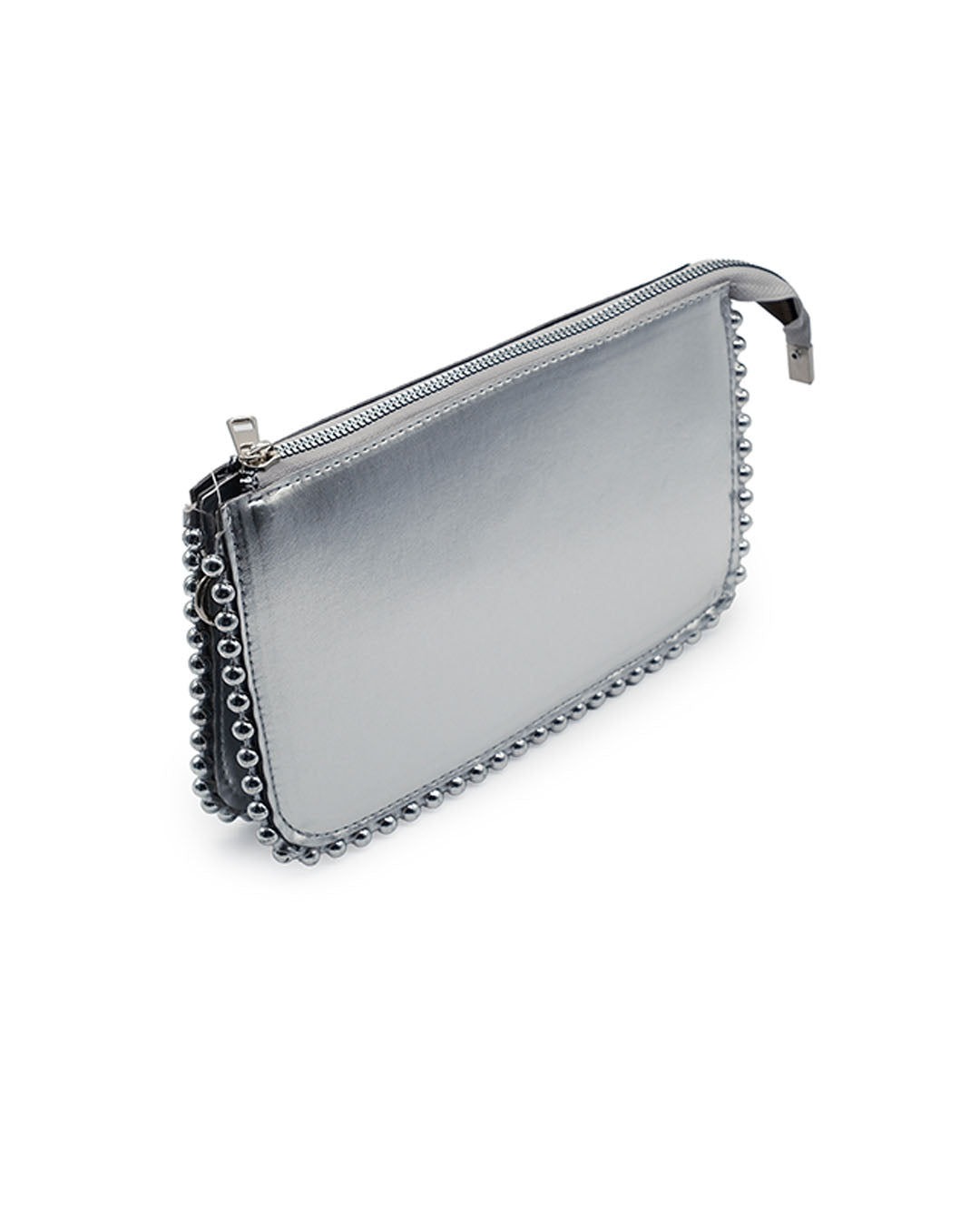 Gümüş Renk Metalik Deri Görünümlü Kenarı Zımbalı Telefon Çantası